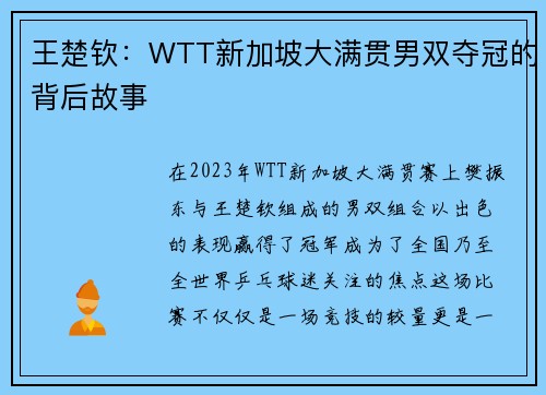 王楚钦：WTT新加坡大满贯男双夺冠的背后故事