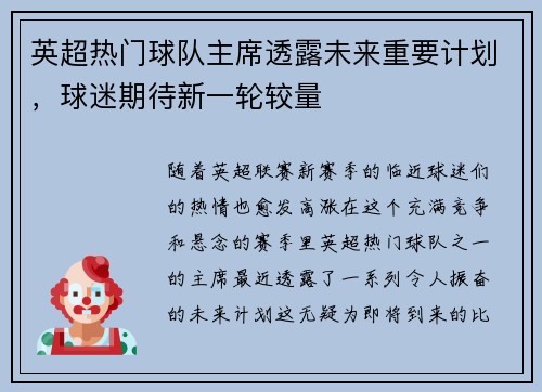 英超热门球队主席透露未来重要计划，球迷期待新一轮较量